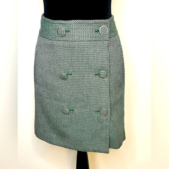 Ann Taylor Loft wool blend button front skirt. Green and black. Size 4 - Picture 1 of 6